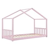 Juskys Kinderbett Paulina 90 x 200 cm mit Lattenrost und Dach - Bett für Kinder aus massivem Holz - Hausbett in Rosé