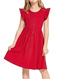 Arshiner Sommer Mädchenkleider Rüschenärmel Kinder Baumwolle Freizeitkleid Knopf A-Linie Midi Rundhals Festliche Kleid für Mädchen 9-10 Jahre Rot