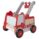 labebe Rot Feuerwehrauto Lauflernwagen Holz Baby Push Pull Lauflernhilfe Spielzeug mit Rädern für Junge ab 1 Jahre