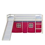 Homestyle4u 540, Kinderbett 90x200 cm Weiß Holz Kiefer Kinder Hochbett mit Rutsche Vorhang Pink