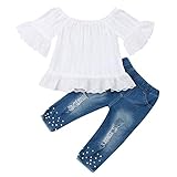 Geagodelia Kinderkleidung Babykleidung Set Kinder Baby Mädchen Kleidung Outfit Spitze Bluse Top + Jeans Hose Kleinkinder Weiche Babyset C-10891 (Weiß & Blau 924, 3-4 Jahre)