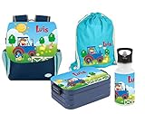 Mein Zwergenland | Personalisiertes Kindergartenrucksack-Set | Happy Knirps Next Print | Kinderrucksack, Lunchbox Maxi, Trinkflasche, Turnbeutel mit Name | Blau | Traktor