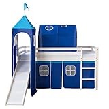 Homestyle4u 1497, Kinder Hochbett Mit Rutsche, Leiter, Turm,Tunnel, Vorhang Blau, Massivholz Weiß, 90x200 cm