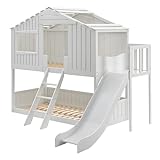 Juskys Kinderbett Baumhaus 90 x 200 cm mit Dach, Rutsche & Leiter - Etagenbett Weiß für Kinder - 2X Lattenrost bis 150 kg - Hausbett aus Massivholz