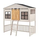 Juskys Kinderbett Farmhaus 90 x 200 cm mit Treppe, Dach & Fenster — Hochbett rosa für Kinder — Lattenrost bis 150 kg — Hausbett aus Massivholz