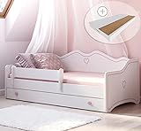 Kinderbett Mädchen Jugendbett 80x160 mit Matratze Rausfallschutz & Schublade | Prinzessin Kinder Sofa Couch Bett umbaubar rosa weiß