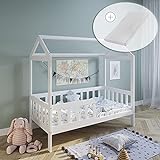Hausbett Kinderbett 80x160 cm mit Matratze, Rausfallschutz & Lattenrost weiß 160 x 80 für Mädchen und Jungen Massivholz Kiefer