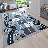 Paco Home Kinder-Teppich Für Kinderzimmer, Spiel-Teppich Mit Hüpfkästchen und Straßen rutschfest Grau, Grösse:140x200 cm