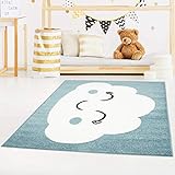 carpet city Kinderteppich Bubble Kids Flachflor mit Wolken-Motiv in Petrol-Blau für Kinderzimmer; Größe: 160x225 cm
