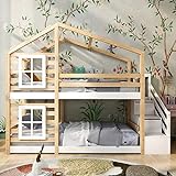 ZYLOYAL10 Kinderbett Baumhaus mit Schublade und Rausfallschutz 90 x 200 cm, Hochbett für Kinder– 2X Lattenrost- Natur & Weiß