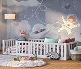 Bellabino Tapi Kinderbett 90x200 cm, Montessori Bodenbett inkl. Rausfallschutz und Lattenrost für Jungen und Mädchen aus Kiefer Massivholz weiß lackiert