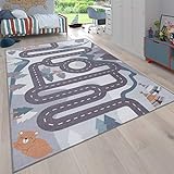 Paco Home Kinderteppich Spielteppich Teppich Kinderzimmer Junge Mädchen Tier Und Straßen Muster rutschfest Creme Blau Grau, Grösse:160x220 cm