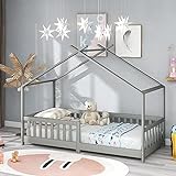 Kinderbett 90x200 cm Hausbett mit Rausfallschutz Robuste Lattenroste |Kiefernholz Haus Bett for Kids (Ohne Matratze) (Grau)