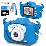 Goopow Digitalkamera Kinder, Kinderkamera als Geschenk für Junge ab 6 Jahre, Digitale Videokameras mit weicher Cartoon Silikonhülle, 32 GB SD Karte (Blue)