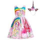 Lito Angels Einhorn Kleid Kostüm mit Haarreifen für Kinder Mädchen, Little Pony Prinzessin Sommerkleid Geburtstag Kinderkleidung, Größe 6-7 Jahre 122, Stil C - Rosa