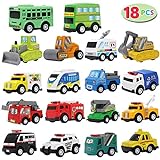 JOYIN 18 Stück Zurückziehen Stadtautos und Lastwagen Spielzeugfahrzeug-Set, Modellauto, reibungsbetriebene Druckgussautos für das Lernspiel von Kleinkindern, Jungen und Mädchen
