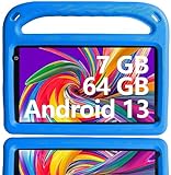 2024 Neueste Android 13 Kinder-Tablet 7 Zoll, 7GB RAM+64GB ROM, WLAN 6, GPS, Bluetooth, Quad Core, Bildung + Spiele, Google Play Store, Dual-Kamera, Kindersicherung, mit Kids Proof Case - Blau